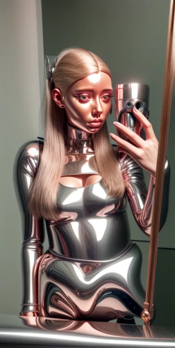 metallic,metallic feel,mirror,reflective,makeup mirror,shiny,3d figure,ai,rose gold,cgi,humanoid,silver,doll looking in mirror,foil,copper frame,3d,tears bronze,futuristic,aluminum,android inspired