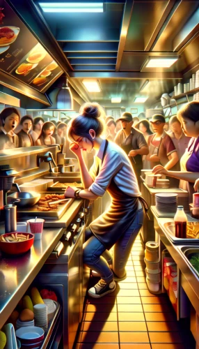 fast food restaurant,street food,soup kitchen,diner,food truck,retro diner,sci fiction illustration,chefs kitchen,food preparation,hong kong cuisine,cookery,new york restaurant,workers,bakery,restaurants,pizza supplier,food and cooking,fishmonger,chinese cuisine,assembly line