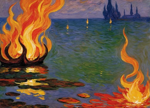 fire and water,lake of fire,the conflagration,sweden fire,dancing flames,flamiche,post impressionism,regatta,flame of fire,fire background,conflagration,burning torch,inflammable,flame spirit,the eternal flame,fiery,fires,open flames,smouldering torches,afire,Art,Artistic Painting,Artistic Painting 04