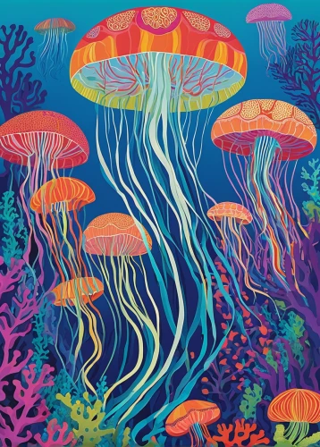 jellyfish collage,jellyfish,mushroom landscape,sea jellies,coral reef,jellies,coral,deep coral,mushroom island,underwater background,coral guardian,corals,mushrooms,underwater landscape,jellyfishes,cnidaria,coral fingers,coral swirl,coral fish,under the sea,Conceptual Art,Oil color,Oil Color 14