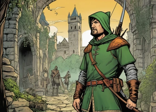 robin hood,quarterstaff,the pied piper of hamelin,patrol,best arrow,pied piper,the wanderer,heroic fantasy,elven,arrow,awesome arrow,link,hooded man,male elf,longbow,doctor doom,saint patrick,adventurer,archer,elves,Illustration,American Style,American Style 13