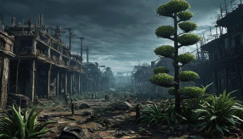 post-apocalyptic landscape,industrial landscape,wasteland,post apocalyptic,industrial ruin,lostplace,destroyed city,poison plant in 2018,fallout4,mushroom landscape,lost place,post-apocalypse,swampy landscape,terraforming,biome,environmental destruction,environment,abandoned place,overgrown,ancient city,Illustration,Black and White,Black and White 27