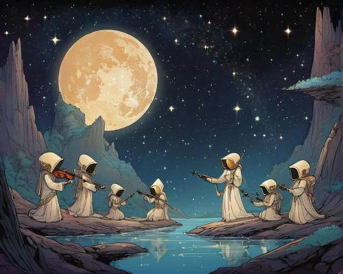 nuns,lunar phases,moons,lunar phase,earth rise,moon phase,apollo and the muses,rem in arabian nights,the night of kupala,celestial bodies,carolers,phase of the moon,monks,druids,pilgrims,violinist violinist of the moon,iapetus,moonlight,moon night,moonrise,Illustration,Children,Children 04