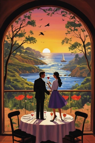 romantic scene,romantic dinner,fine dining restaurant,honeymoon,dinner for two,wedding banquet,vintage couple silhouette,a restaurant,romantic meeting,drive in restaurant,romantic night,bistro,argentinian tango,romantic,alpine restaurant,dining,tearoom,beach restaurant,diner,loving couple sunrise,Illustration,Retro,Retro 04