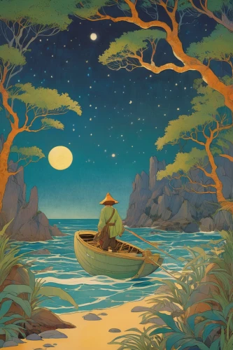 monkey island,canoeing,boat landscape,fishing float,canoe,an island far away landscape,fisherman,canoes,kayaker,deserted island,adrift,stranded,picnic boat,voyage,rowboat,sea night,little boat,isle,beach landscape,paddle boat,Illustration,Retro,Retro 07