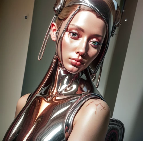 latex clothing,latex,chrome,chrome steel,metallic feel,streampunk,metallic,c-3po,realdoll,artificial hair integrations,rubber doll,futuristic,shiny,cybernetics,copper tape,biomechanical,cyborg,artist's mannequin,robotic,pvc