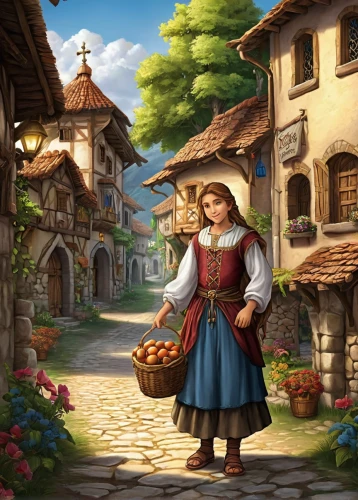 alpine village,oktoberfest background,girl picking flowers,medieval street,mountain village,knight village,merchant,aurora village,girl picking apples,girl with bread-and-butter,transylvania,bavarian swabia,pilgrim,village life,meteora,marketplace,medieval town,merida,woman holding pie,bohemia,Conceptual Art,Fantasy,Fantasy 27