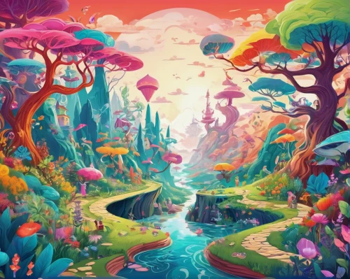 fairy world,mushroom landscape,fairy village,fairy forest,fantasy landscape,fantasy world,3d fantasy,bird kingdom,wonderland,cartoon forest,rainbow world map,mushroom island,dream world,cartoon video game background,children's background,enchanted forest,fantasia,fantasy city,magical adventure,acid lake,Illustration,Abstract Fantasy,Abstract Fantasy 13