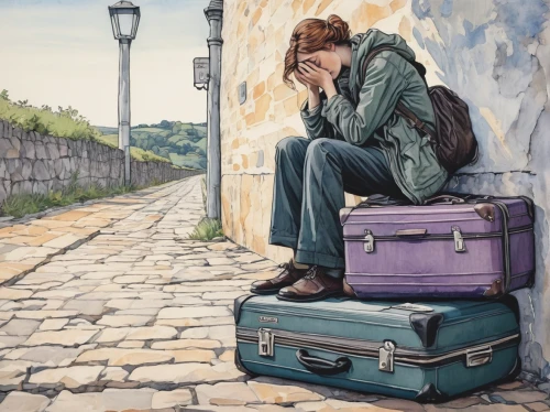 travel woman,the girl at the station,traveller,suitcase,traveler,globe trotter,luggage and bags,baggage,david bates,travelers,old suitcase,to travel,oil painting on canvas,luggage,airline travel,depressed woman,travels,oil on canvas,suitcase in field,weary,Illustration,Black and White,Black and White 15