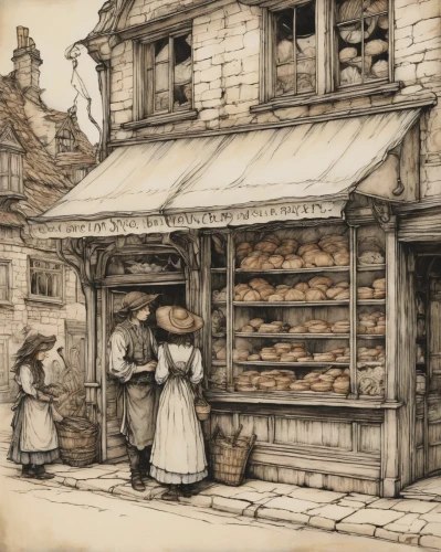 bakery,pastry shop,pâtisserie,french confectionery,friterie,vintage drawing,pastries,butcher shop,bakery products,brandy shop,village shop,woman holding pie,grocer,viennoiserie,girl with bread-and-butter,merchant,vintage illustration,sweet pastries,fishmonger,bayonne ham,Illustration,Retro,Retro 25