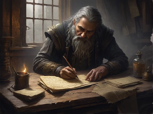 scholar,game illustration,merchant,watchmaker,apothecary,thorin,tinsmith,candlemaker,blacksmith,binding contract,tutor,fantasy portrait,cg artwork,witcher,clockmaker,sci fiction illustration,game drawing,old man,the collector,writing-book,Conceptual Art,Fantasy,Fantasy 13