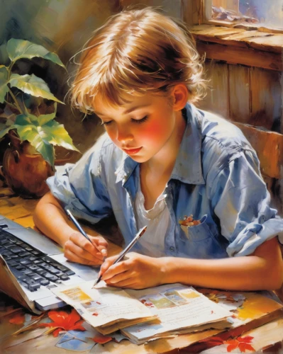 children studying,children drawing,girl studying,child with a book,children learning,child writing on board,tutor,little girl reading,painter,painting technique,home schooling,italian painter,girl at the computer,child portrait,writing or drawing device,art painting,meticulous painting,illustrator,to write,child's diary,Conceptual Art,Oil color,Oil Color 03