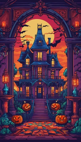 halloween illustration,witch's house,halloween wallpaper,halloween scene,halloween background,retro halloween,halloween border,halloween frame,halloween poster,victorian,house silhouette,witch house,the haunted house,haunted castle,cottage,halloween banner,haunted house,halloween icons,bungalow,ancient house,Unique,Pixel,Pixel 05