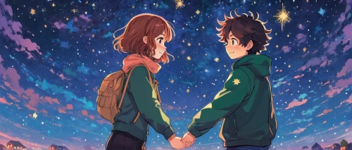 hiyayakko,falling stars,hold hands,holding hands,boy and girl,hands holding,starry sky,hand in hand,the stars,star sky,stargazing,colorful stars,falling star,hanging stars,girl and boy outdoor,romantic scene,into each other,heart in hand,the moon and the stars,together,Conceptual Art,Daily,Daily 31