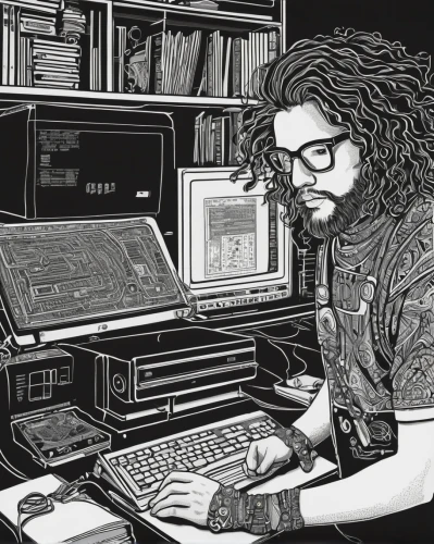 illustrator,man with a computer,adobe illustrator,hardware programmer,sci fiction illustration,computer,book illustration,game drawing,librarian,screenwriter,computer art,animator,computer tomography,sysadmin,digitizing ebook,digitization of library,hand-drawn illustration,digitization,computer addiction,game illustration,Illustration,Black and White,Black and White 19