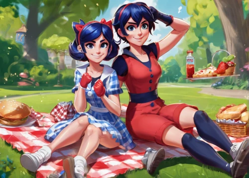 picnic,picnic basket,fruit stand,two-point-ladybug,red and blue,red blue wallpaper,two girls,strawberry jam,ice cream stand,family picnic,fruit stands,french digital background,delivery service,strawberries,strawberry juice,deli,apple pair,country dress,ladybug,duo,Conceptual Art,Fantasy,Fantasy 26