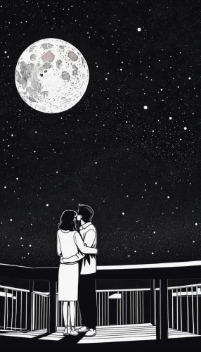 honeymoon,vintage couple silhouette,stargazing,the moon and the stars,romantic scene,long distance,romantic night,the night sky,constellations,romantic,astronomy,romance,love in air,astronomers,moon phase,physical distance,distance,first kiss,celestial bodies,great gatsby,Illustration,Black and White,Black and White 16