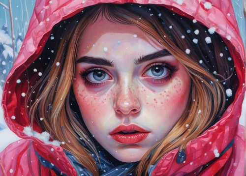 red coat,snow drawing,snowfall,red riding hood,snow cherry,digital painting,in the snow,girl portrait,the snow queen,little red riding hood,mystical portrait of a girl,fantasy portrait,winter cherry,snow rain,the snow falls,world digital painting,winter,snowstorm,winter dream,snow scene,Conceptual Art,Daily,Daily 15