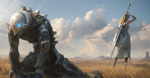scythe,fantasy picture,excalibur,man and horses,hunting scene,heroic fantasy,plains,the wanderer,guards of the canyon,drg,game art,fantasy art,hunter's stand,lone warrior,sentinel,game illustration,concept art,the order of the fields,don quixote,protectors,Common,Common,Game