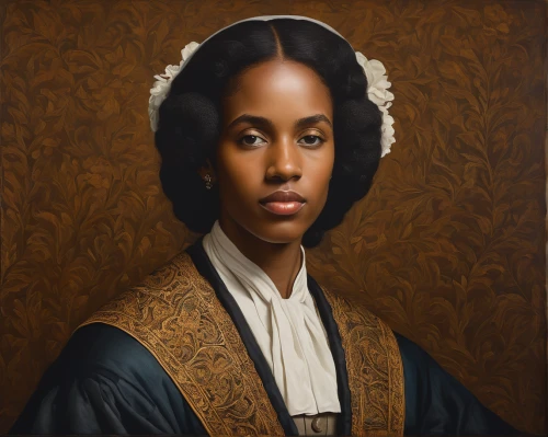 portrait of a woman,portrait of christi,african american woman,portrait of a girl,girl with a pearl earring,the mona lisa,girl in a historic way,woman portrait,mona lisa,gothic portrait,tudor,beautiful african american women,black woman,the prophet mary,black women,vintage female portrait,artist portrait,grant wood,oil on canvas,jasmine crape,Illustration,Realistic Fantasy,Realistic Fantasy 36