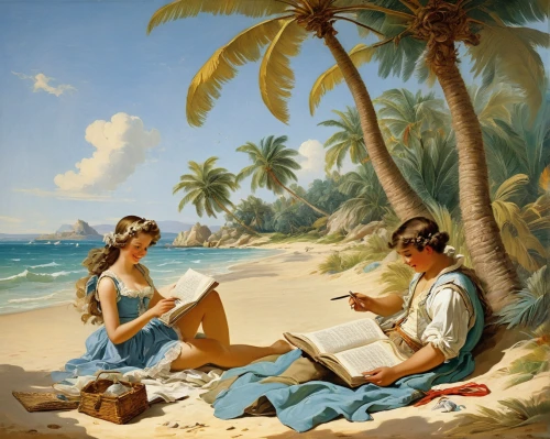 beach landscape,e-book readers,children studying,young couple,romantic scene,people reading newspaper,idyll,coconuts on the beach,people on beach,vintage boy and girl,south pacific,beach scenery,readers,lev lagorio,beach furniture,coastal landscape,blue hawaii,cuba beach,beach goers,summer day,Art,Classical Oil Painting,Classical Oil Painting 36