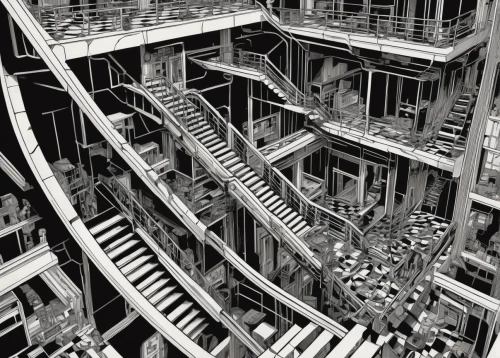 escher,panopticon,descend,panoramical,spiral staircase,fractal environment,fire escape,complexity,neural pathways,spiral stairs,rope-ladder,stairwell,maze,engine room,winding staircase,multi storey car park,vertigo,eu parliament,steel stairs,multi-storey,Illustration,American Style,American Style 08