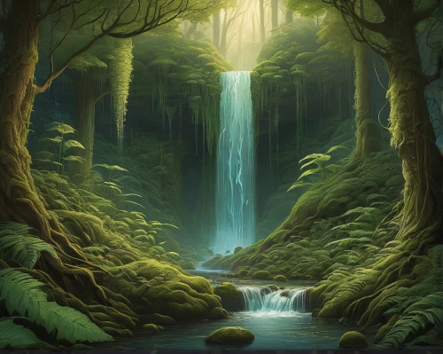 elven forest,fantasy landscape,green waterfall,cartoon video game background,rain forest,forest landscape,forest background,druid grove,fairy forest,rainforest,waterfall,fantasy picture,water fall,wasserfall,world digital painting,a small waterfall,waterfalls,fairytale forest,water falls,ash falls,Illustration,Realistic Fantasy,Realistic Fantasy 44