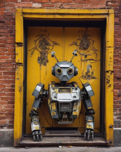 robotic,industrial robot,yellow machinery,minibot,robot,robot icon,robots,mecha,robotics,urban street art,chat bot,mech,cybernetics,steel door,scrap sculpture,dewalt,urban art,streetart,yellow brick wall,bumblebee,Conceptual Art,Graffiti Art,Graffiti Art 03
