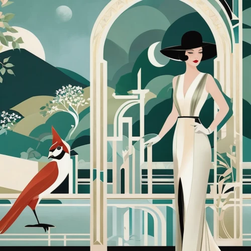 art deco woman,art deco,art deco background,fashion illustration,flower and bird illustration,vintage illustration,flapper,flapper couple,roaring twenties couple,fashion vector,roaring twenties,bird illustration,singapore sling,hepburn,bird of paradise,birdcage,songbirds,panama hat,tropical birds,great gatsby,Illustration,Vector,Vector 18