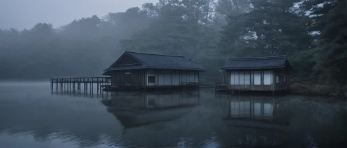 floating huts,house with lake,boathouse,boat house,house by the water,foggy landscape,japanese architecture,tranquility,lonely house,japan landscape,house in the forest,lago grey,calm water,backwater,boat shed,fisherman's house,wooden house,houseboat,morning mist,secluded,Illustration,Japanese style,Japanese Style 09