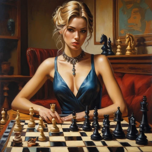 chess player,chess,play chess,chess game,woman playing,chessboard,femme fatale,blonde woman,chess icons,chessboards,chess board,chess piece,oil painting on canvas,chess men,chess pieces,chess cube,oil painting,oil on canvas,fantasy art,young woman,Conceptual Art,Sci-Fi,Sci-Fi 08