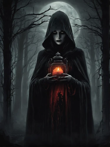 dark art,grimm reaper,red riding hood,hooded man,grim reaper,little red riding hood,the witch,gothic portrait,flickering flame,dance of death,dark gothic mood,black candle,jack o'lantern,witch house,jack-o'-lantern,divination,jack-o-lantern,halloween and horror,sorceress,dark portrait,Conceptual Art,Fantasy,Fantasy 34