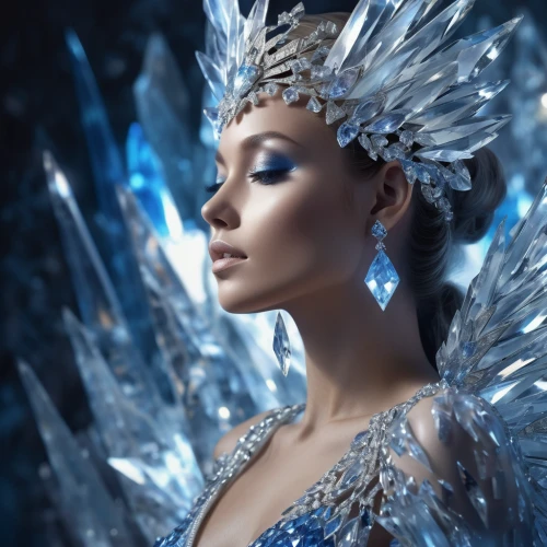 ice queen,the snow queen,ice princess,crystalline,ice crystal,feather headdress,suit of the snow maiden,fairy queen,blue enchantress,faery,silvery blue,headdress,white rose snow queen,faerie,queen of the night,crystal,headpiece,icemaker,fantasy art,fantasy woman,Photography,Artistic Photography,Artistic Photography 15