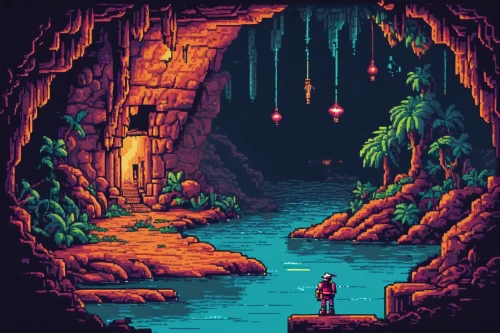 chasm,cave on the water,pixel art,cave tour,cave,adventure game,monkey island,wishing well,lava cave,hollow way,pit cave,magical adventure,wander,dungeon,sea cave,underground lake,adventurer,descent,flooded pathway,exploration,Unique,Pixel,Pixel 04