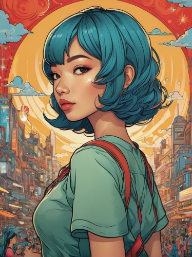rosa ' amber cover,transistor,girl with speech bubble,meteora,teal blue asia,retro girl,clementine,cyan,darjeeling,digital illustration,game illustration,chinatown,sci fiction illustration,hong,asia,vietnam,teal and orange,book cover,tumblr icon,cover,Illustration,Japanese style,Japanese Style 15