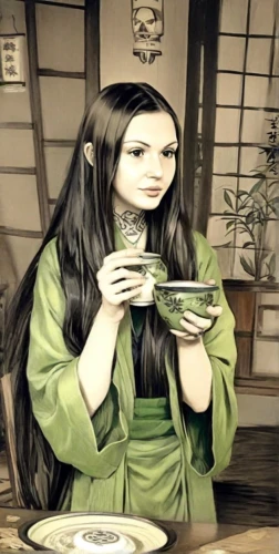 tea ceremony,gyokuro,japanese tea,tea zen,japanese woman,unagi,watercolor tea shop,sayama tea,soba,woman at cafe,japanese culture,woman eating apple,japanese cuisine,wakame,green soybeans,shincha,matcha,sake,japanese art,izakaya