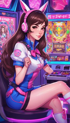 pinball,poker primrose,arcade game,arcade games,arcade,jukebox,game illustration,retro diner,playmat,retro girl,sega dreamcast,dreamcast,kawaii patches,bunny,sega,gamer,bunnies,gaming,symetra,ying,Illustration,Japanese style,Japanese Style 12