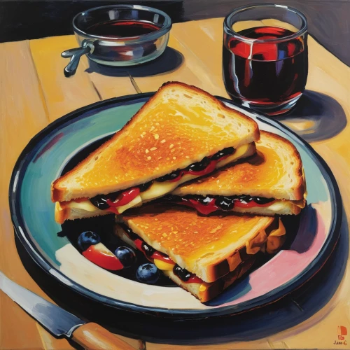 grilled cheese,french toast,still life with jam and pancakes,peanut butter and jelly sandwich,croque-monsieur,painted grilled,grilled bread,oil painting on canvas,culinary art,milk toast,peanut butter and jelly,jam sandwich,oil painting,texas toast,toasts,toast,painting technique,tea sandwich,oil on canvas,breakfast sandwich,Art,Artistic Painting,Artistic Painting 36