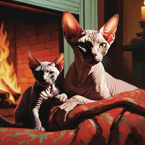 cornish rex,oriental shorthair,peterbald,devon rex,fireside,sphynx,two cats,cat family,warm and cozy,siamese,vintage cats,warmth,fireplaces,siamese cat,felines,pet portrait,cat portrait,domestic cat,capricorn kitz,cats,Conceptual Art,Daily,Daily 08