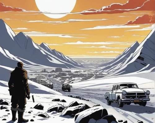 travel poster,alpine drive,snow scene,mountain pass,alpine sunset,siberia,mountain highway,mountain road,travel trailer poster,snow fields,sci fiction illustration,alpine route,vanishing point,snowfield,the road,alpine crossing,bond,the cold season,winter landscape,snow landscape,Illustration,American Style,American Style 09