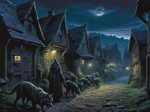 bremen town musicians,medieval street,night scene,witch's house,fantasy picture,the cobbled streets,black shepherd,witch house,medieval town,the pied piper of hamelin,escher village,aurora village,knight village,werewolves,hamelin,dog street,fantasy art,jrr tolkien,halloween illustration,transylvania,Conceptual Art,Daily,Daily 16
