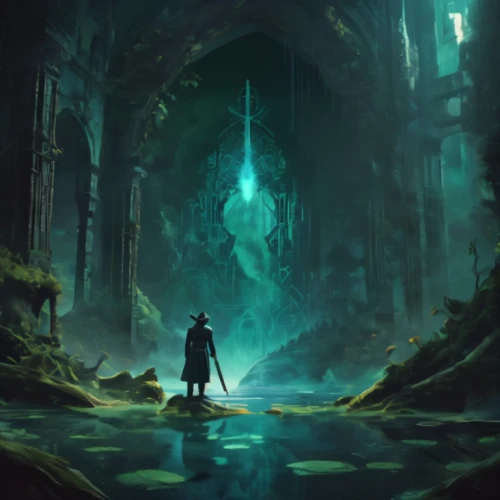 hall of the fallen,fantasia,game illustration,portal,concept art,mirror of souls,game art,dark world,dungeons,fantasy picture,pilgrimage,the mystical path,hollow way,place of pilgrimage,emerald sea,the wanderer,druid grove,background image,summoner,exploration