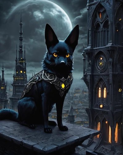 halloween black cat,halloween cat,schipperke,black shepherd,gothic style,dark gothic mood,black cat,pet black,gothic,halloween background,fantasy picture,gargoyle,gargoyles,night watch,gothic portrait,gothic architecture,chartreux,jiji the cat,dark art,cat european,Illustration,Realistic Fantasy,Realistic Fantasy 46