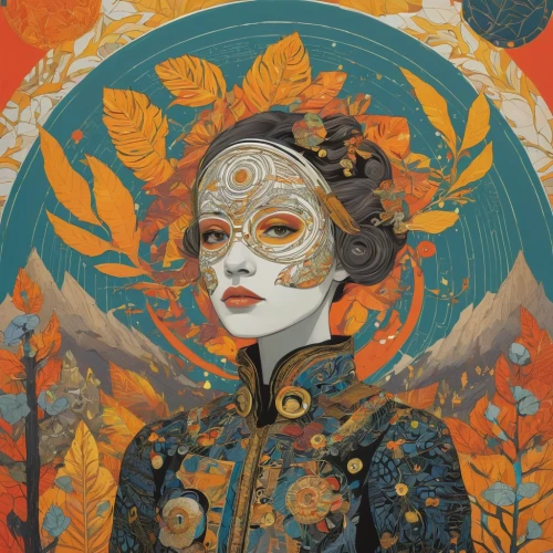 masquerade,rosa ' amber cover,golden mask,golden autumn,autumn icon,monarch,painted lady,vanessa (butterfly),orange blossom,geisha,the autumn,mary-gold,gold foil art,marigold,flora,gold leaf,golden wreath,fantasy portrait,autumn theme,the garden marigold,Illustration,Japanese style,Japanese Style 16