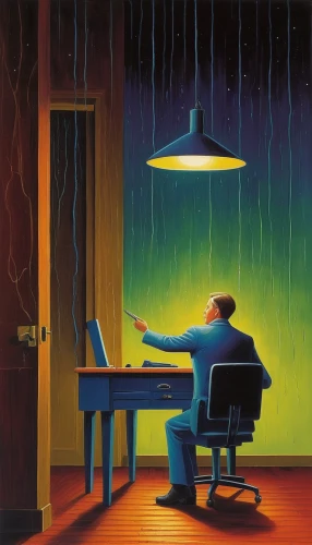 man with a computer,men sitting,night administrator,psychotherapy,thunderstorm mood,therapy room,to be alone,thinking man,rainstorm,consulting room,man thinking,surrealism,boardroom,chair and umbrella,light rain,psychologist,rainy day,raindops,thunderstorm,computational thinking,Art,Artistic Painting,Artistic Painting 26
