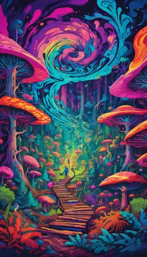 psychedelic art,mushroom landscape,psychedelic,forest of dreams,lsd,acid lake,kaleidoscopic,mushrooms,tapestry,trip computer,fairy forest,cartoon forest,lagoon,trip,hallucinogenic,acid,dimensional,kaleidoscope art,coral reef,kaleidoscope,Conceptual Art,Oil color,Oil Color 23