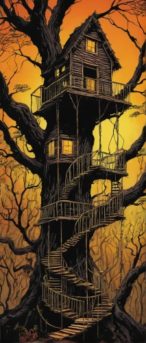 tree house,treehouse,tree house hotel,witch house,witch's house,the haunted house,haunted house,crooked house,stilt house,house in the forest,house silhouette,halloween bare trees,wooden house,bird house,hanging houses,ancient house,two story house,apartment house,house painting,housetop,Illustration,Realistic Fantasy,Realistic Fantasy 33