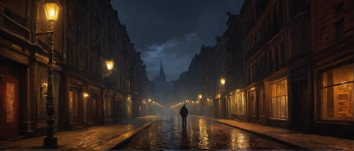the cobbled streets,alleyway,narrow street,french digital background,evening atmosphere,saintpetersburg,alley,blind alley,saint petersburg,st petersburg,night scene,world digital painting,nocturnes,old linden alley,cobblestones,lamplighter,atmospheric,girl walking away,cobblestone,gas lamp,Art,Classical Oil Painting,Classical Oil Painting 18