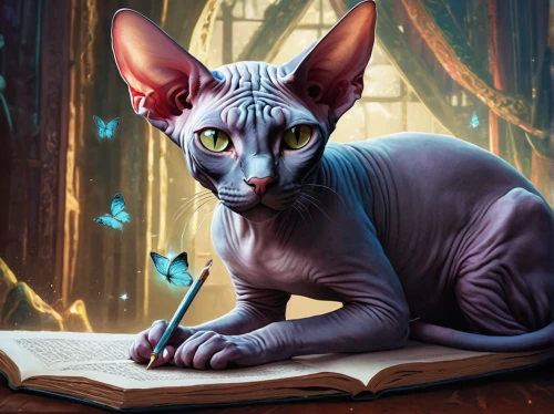 oriental shorthair,peterbald,sphynx,librarian,chartreux,scholar,magic book,magic grimoire,felidae,bookworm,sci fiction illustration,fantasy portrait,long-eared,fairy tale character,cat with blue eyes,drawing cat,capricorn kitz,book illustration,author,game illustration,Conceptual Art,Sci-Fi,Sci-Fi 05