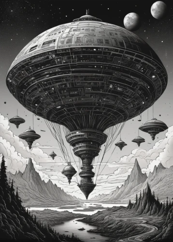 sci fiction illustration,flying saucer,ufos,extraterrestrial life,alien planet,ufo,airships,alien world,saucer,space ships,alien ship,science fiction,ufo intercept,alien invasion,space ship,baron munchausen,spaceships,lost in space,spaceship space,starship,Illustration,Black and White,Black and White 09